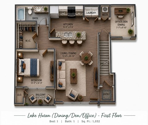 Floor plan for 1 bed, 1 bath, 1032 sqft